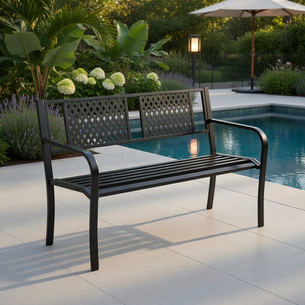 Hommoo Heavy-Duty Metal Outdoor Bench for Patio, Garden, Porch, 2-3 Person Loveseat with Ergonomic Backrest & Curved Armrests, Black