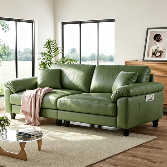 83" Couch Premium PU Leather Sofa, Comfy Extra Deep Seat 3 Seater Couch for Living Room, Oversized Loveseat with 2 Pillows, Green