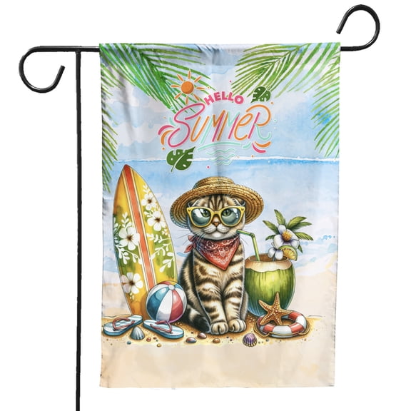 Scottish Fold Hello Summer with Sunglasses and Surfboard Tropical Vibes Garden Flag 12x18in Double Sided Cat Lover Kitten Owner Gifts Outdoor Decor - 00007
