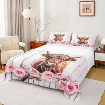 Feelyou 3D Brown Cow Twin Sheet Sets for Teen, Romantic Pink Rose Twin Fitted Sheet, 3pcs