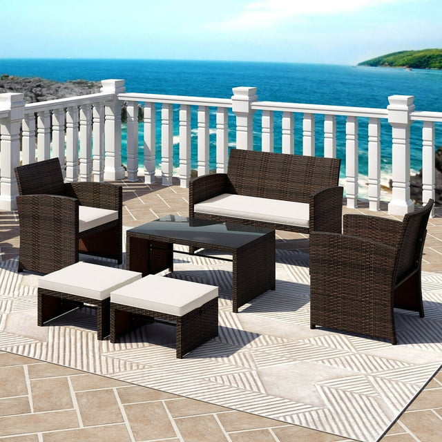 Gymax Ensemble de Meubles de Patio 6 Pcs avec 1 Causeuse 1 Table Basse 2 Fauteuils 2 Ottomans Blanc