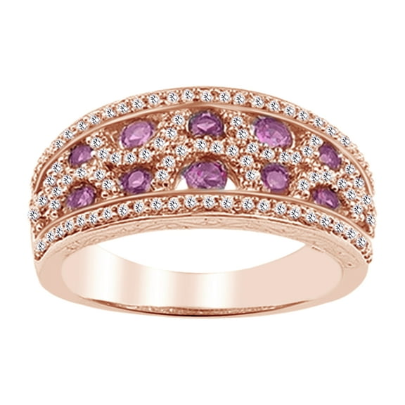 AFFY Round Cut Simulated Pink Sapphire & White Cubic Zirconia Band Ring In 10k Rose Gold (0.5 cttw), Ring Size-4
