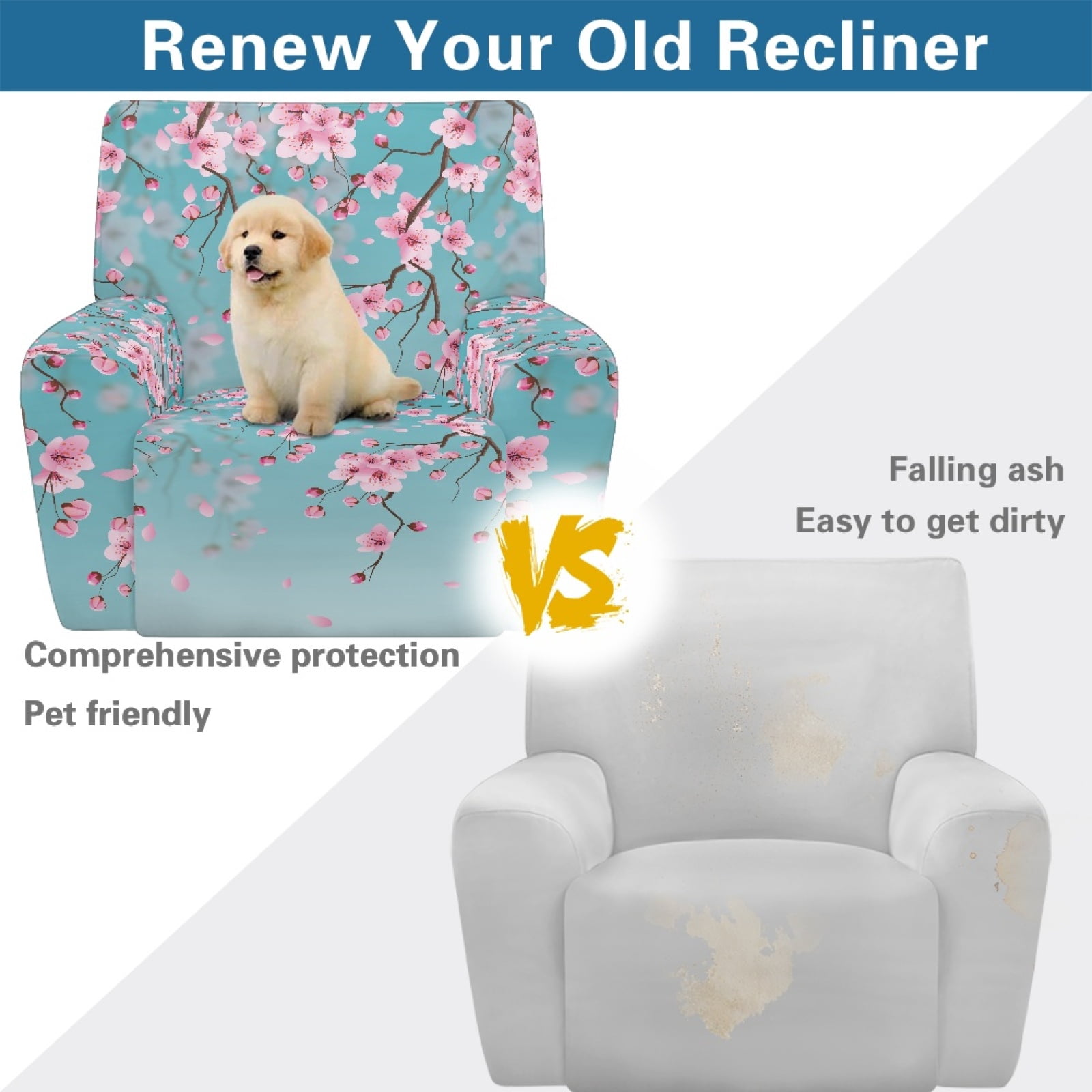 Xoenoiee Blue Cherry Blossom Print Recliner Cover 4 Pieces Lazy Boy Chair Covers Breathable Recliner Sofa Slipcover Anti-Slip Fitted Furniture Protector with Elastic Bottom