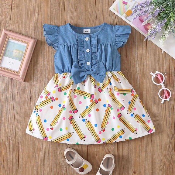 Girls Dresses Summer Back to School Flutter Sleeve Lace Bowknot Allover Print Casual Dress Size 1-2Y