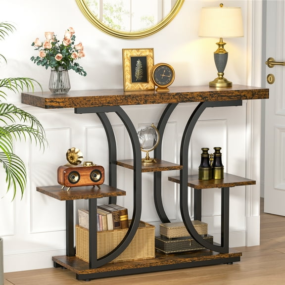 Industrial Chic 5-Tier Console Table, 42.5" Entryway Table with Storage Shelf, Rustic Brown