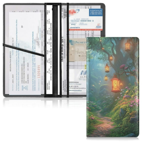 PVC Leather Car Document Holder Organizer with Multiple Pockets, Ideal for Car Registration, Insurance & Cards Magic Forest Scene