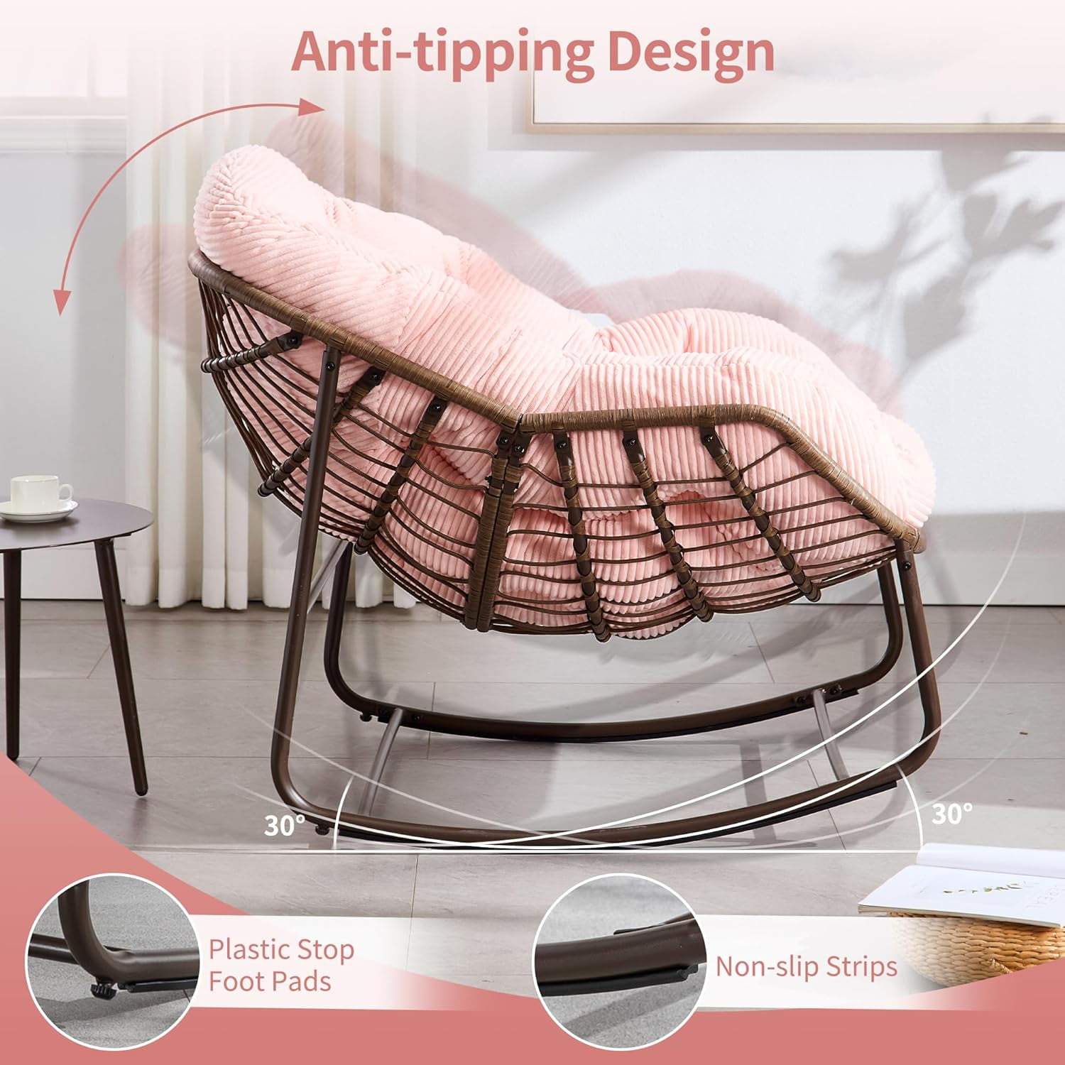MOONMISS Outdoor Patio Rattan Oversized Rocking Chairs Set of 2 with Corduroy Padded Cushion-Pink