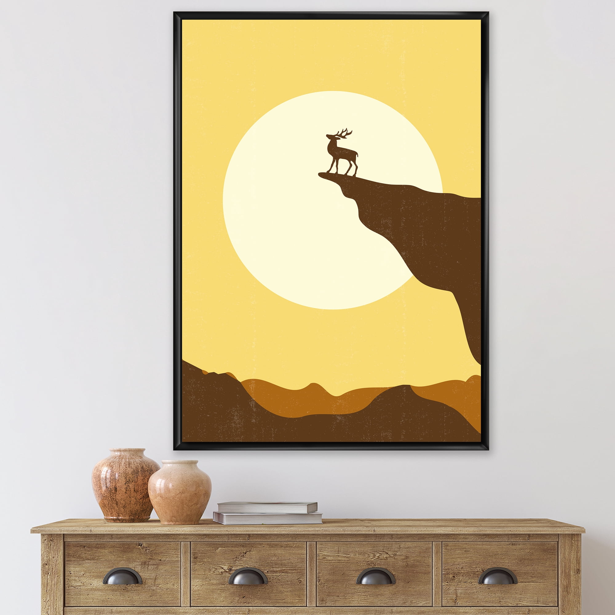 Designart 'Minimalistic Deer At Sunset On Mountain Top' Lake House Framed Canvas Wall Art Print