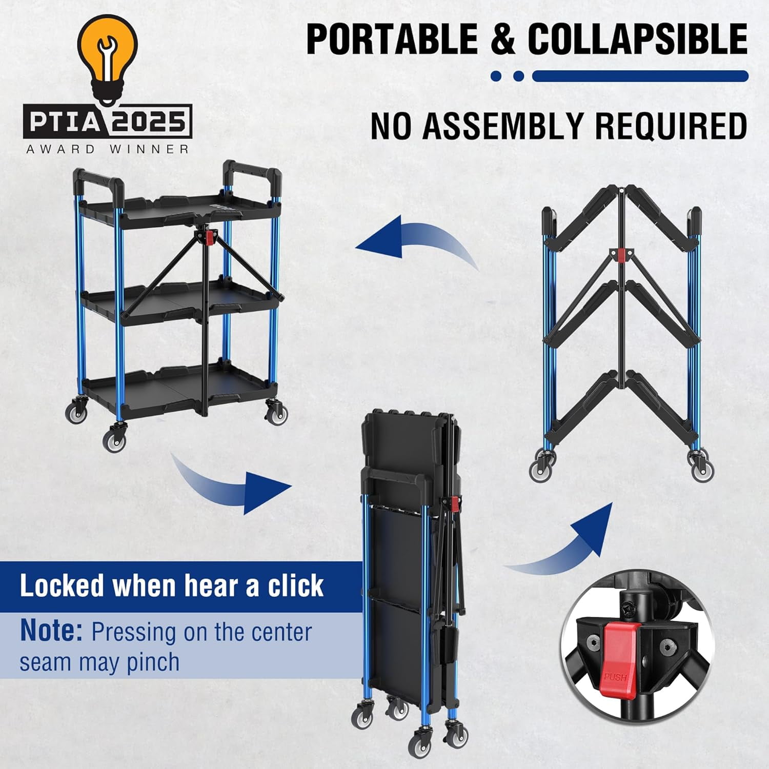 3-Tier Collapsible Service Cart, 210 LBS Foldable Utility Service Cart with Wheels, Portable Tool Cart for Garage, Warehouse, Home, Restaurant, Office (No Assembly Required)