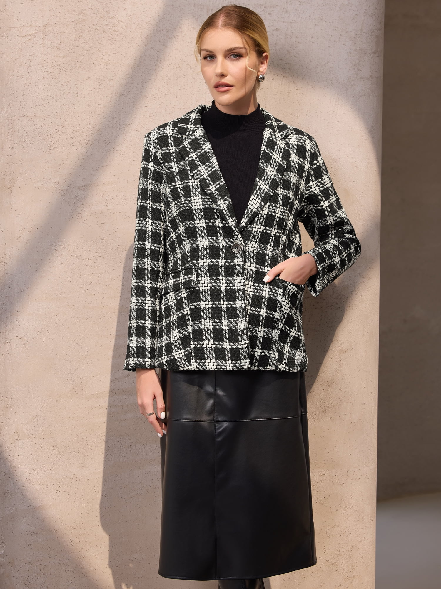 DARING DIVA Women's Plaid Tartan Blazer Tweed Business Suit Jacket XL Black