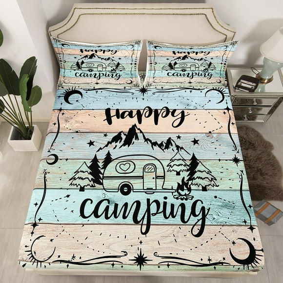 YST Happy Camping Bed Sheets, Black Sketch Boho Fitted Sheet Camping Car Camper Decor Bedding Set for Travel Trailers, Sun and Moon Decor Camping Lovers Gifts Sheets Queen
