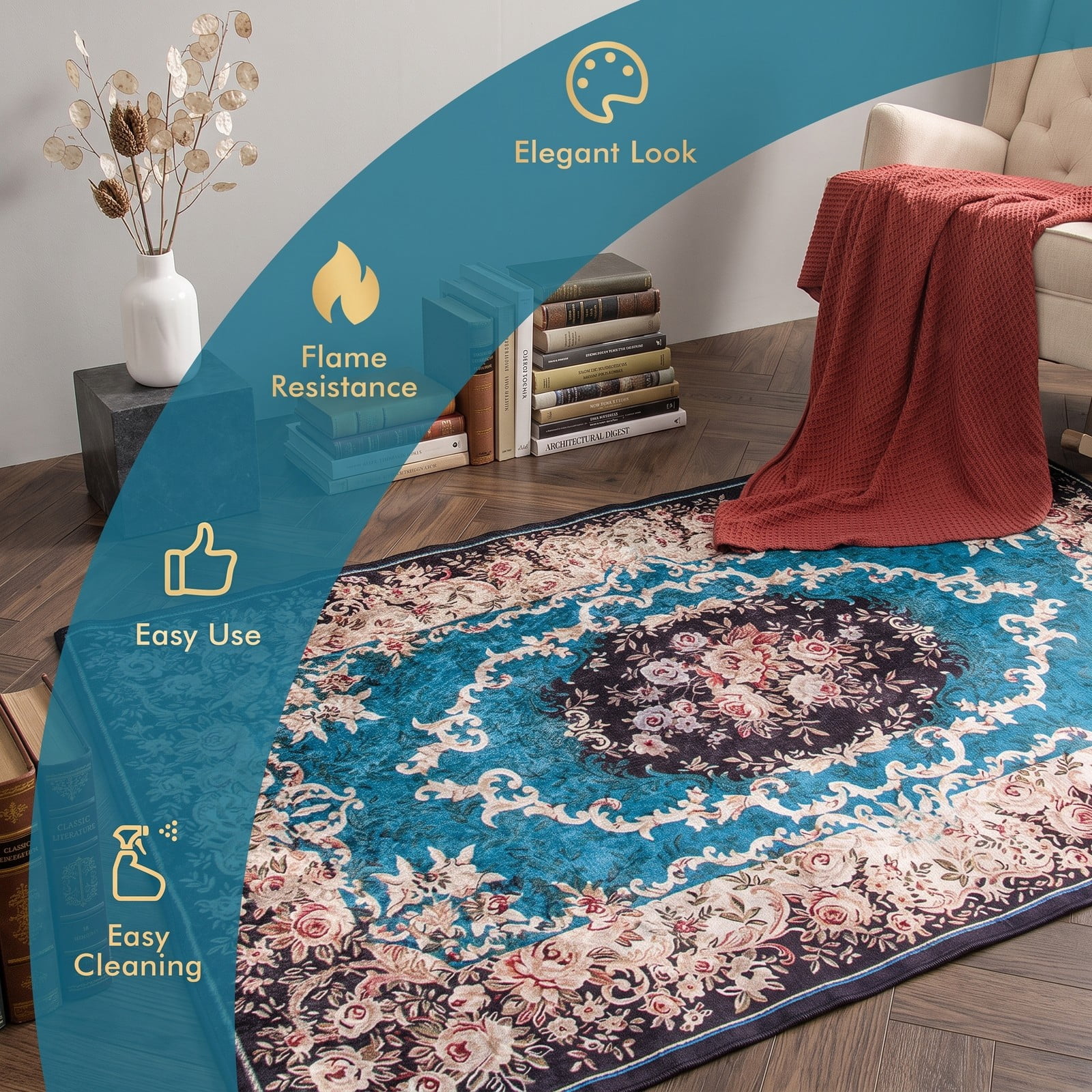 ALPULON Vintage Area Rug 6'7 x 4'8 Non-Shedding Soft Surface Anti-Slip Bottom Machine Washable Floor Carpet for Living Room Bedroom Dining Room Office, Multicolor
