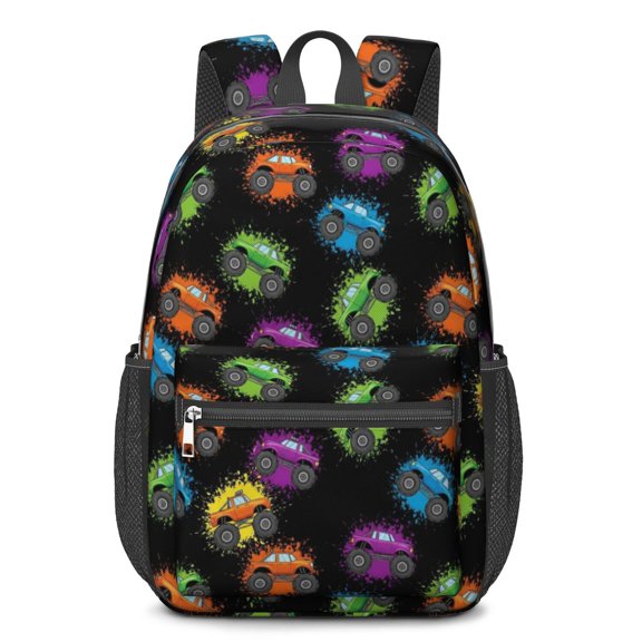 Monster Cartoon Truck Black Pattern 17" Waterproof Oxford School Backpacks for Teens, S-Shape Padded Straps, for School, Travel, Hiking, Camping