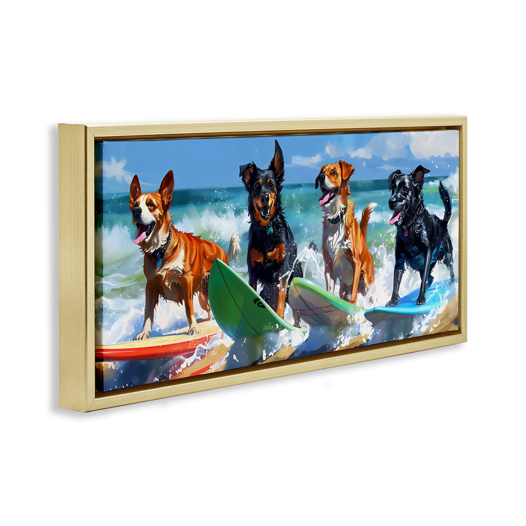 Stupell Industries Dogs on Surfboards Summer Fun Gold Framed Floater Canvas Wall Art, design by Creative Studio