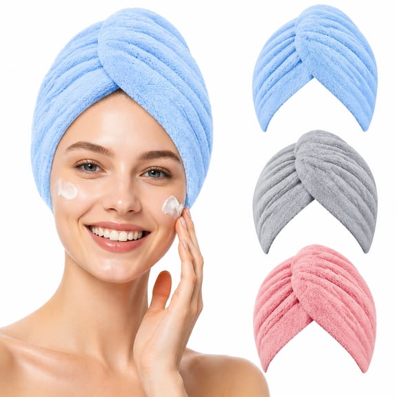 INCTUO 3 Packs Microfiber Hair Towel, Hair Turbans for Wet Hair, Drying Hair Wrap Towels for Curly Hair Women Anti Frizz (Blue,Grey,Pink)