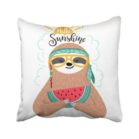 ARTJIA Cute Baby Sloth Eating Watermelon Hipster Animal Wearing Glasses And Bandana Funny Hippie Pillowcase 18x18 inch