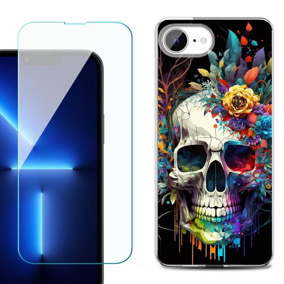 Phone Case for iPhone 17e, with Screen Protector, by OneToughShield - Skull Flower