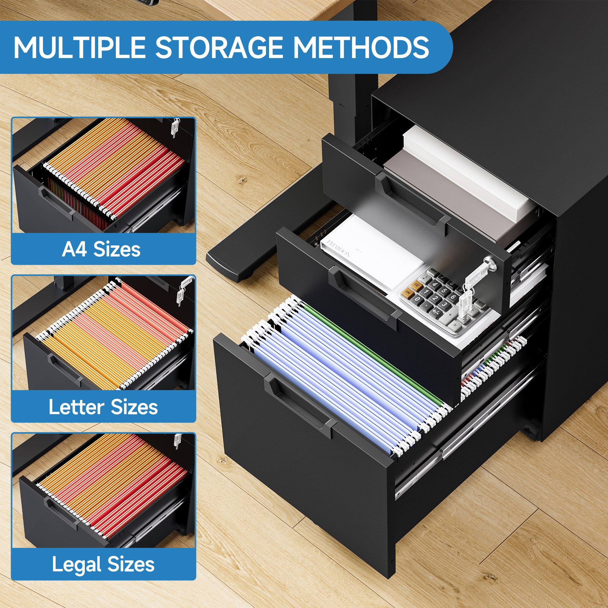 Fesbos Metal Mobile File Cabinet with Lock, 3 Drawer Rolling Filing Cabinets for Home Office, Fully Assembled, Black, 23.6"H*17.32"D* 14.6"W, Fits Letter/Legal/A4 Size Files