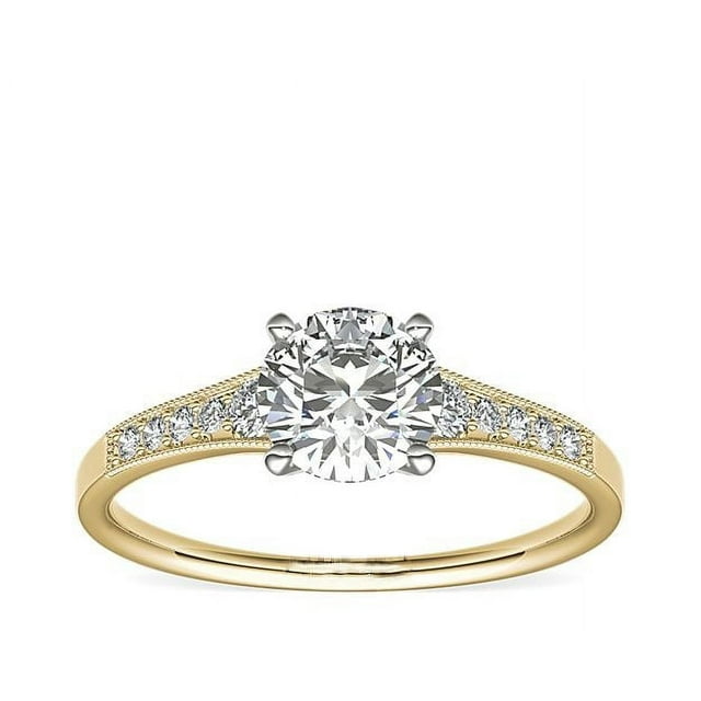 0.70 T.C.W Round Shape Natural Diamond Latest Design Solitaire with Accents Wedding Ring for Ladies Solid 14K Yellow Gold Size 8