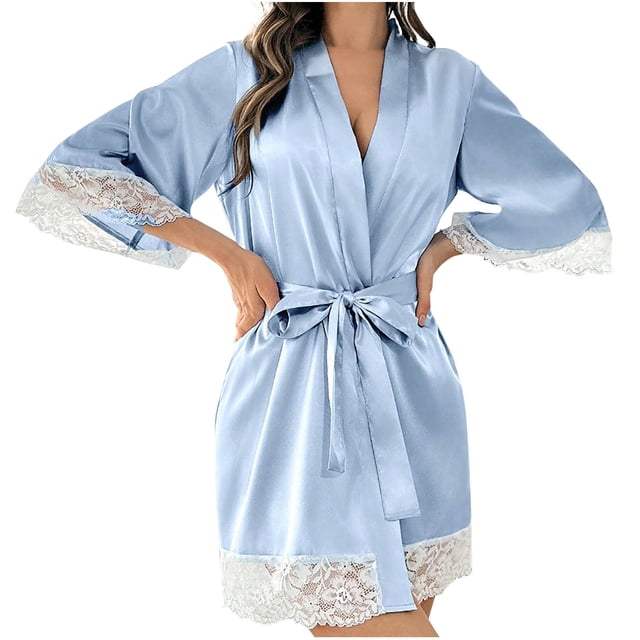 Tranfacy Robes for Women,Silk Robes for Women,Fashion Women Solid Color Imitation Silk Lace Up Cardigan Long Nightgown Bathing Robe