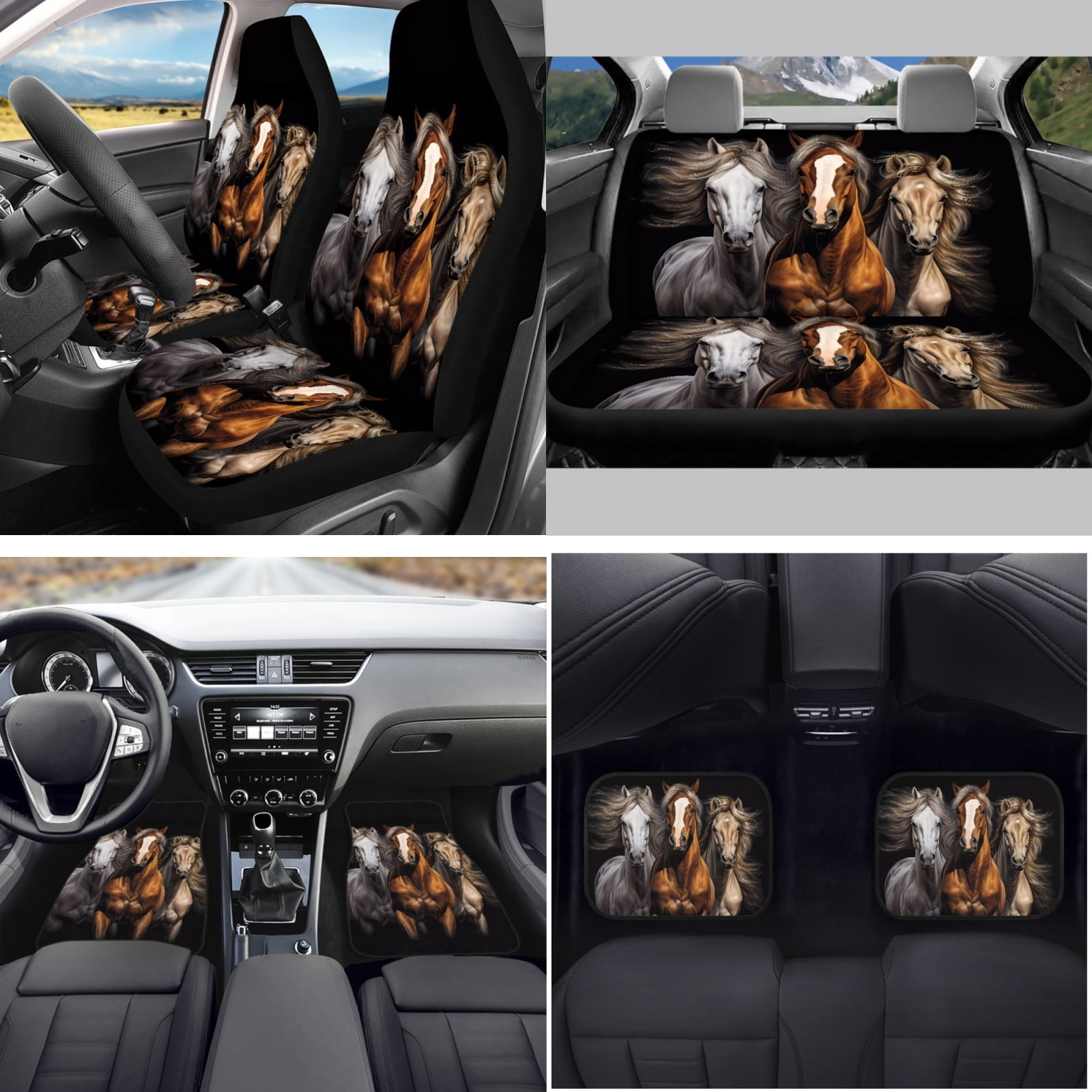 Yuyamidu Southwest Horse Car Accessories Sets with Car Seat Covers Black Car Floor Mats Steering Wheel Cover Seatbelt Pad Handbrake Cover Gear Shift Knob Cover Cup Mat, 15 Pack