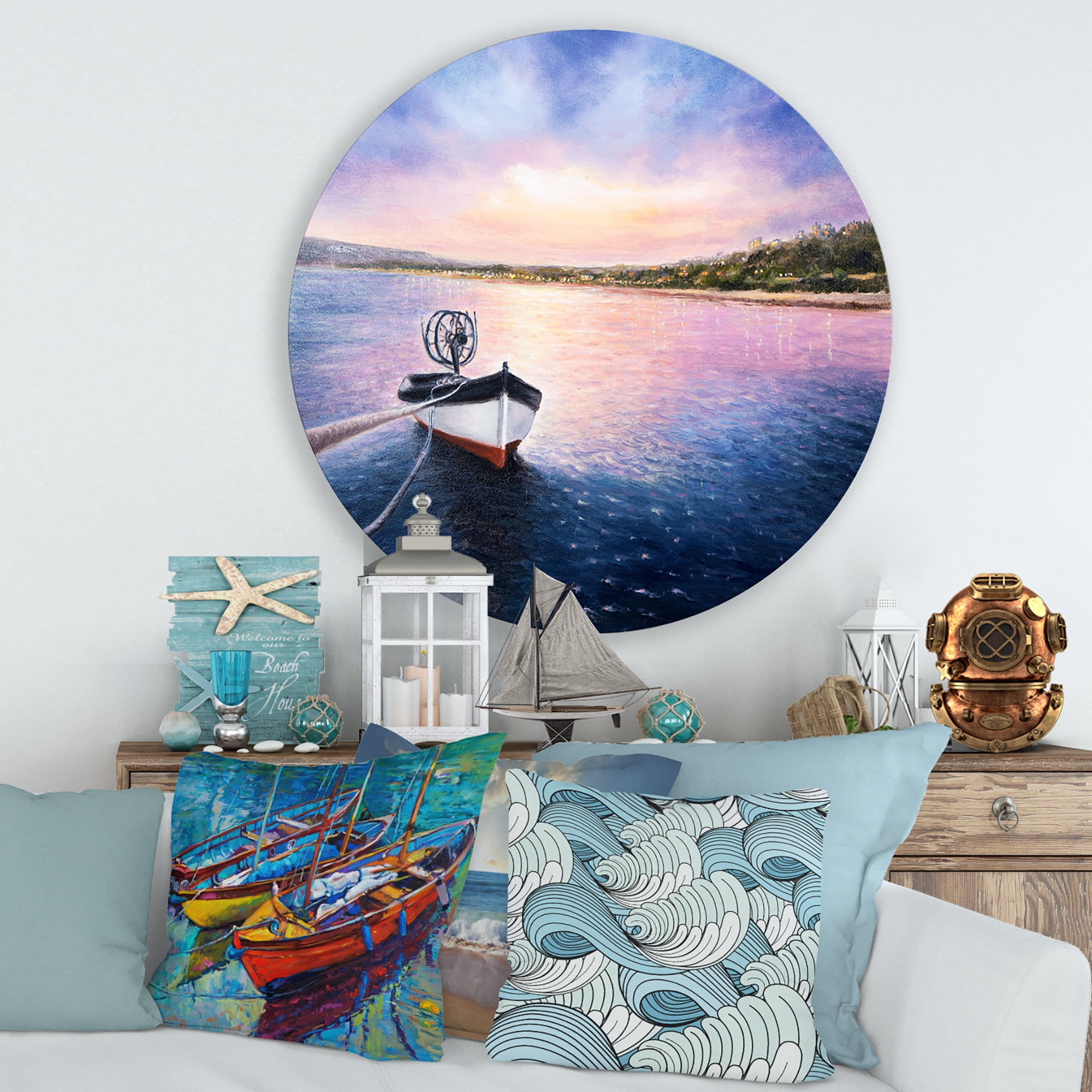 Designart 'VIbrant Sunset Over Fishing Boat By The Shore' Lake House Circle Metal Wall Art 29x29 - Disc of 29