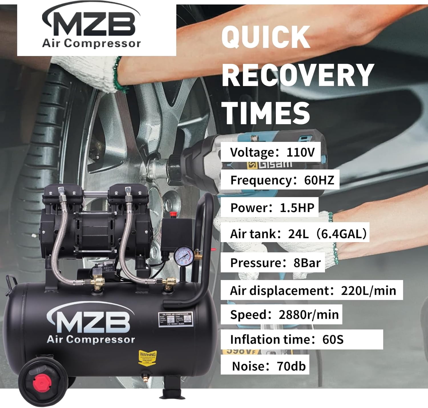 6.4 Gallon Oil-Free Air Compressor, 1.5HP 110V Ultra Quiet 70dB Steel Tank with Wheels for Workshop Use