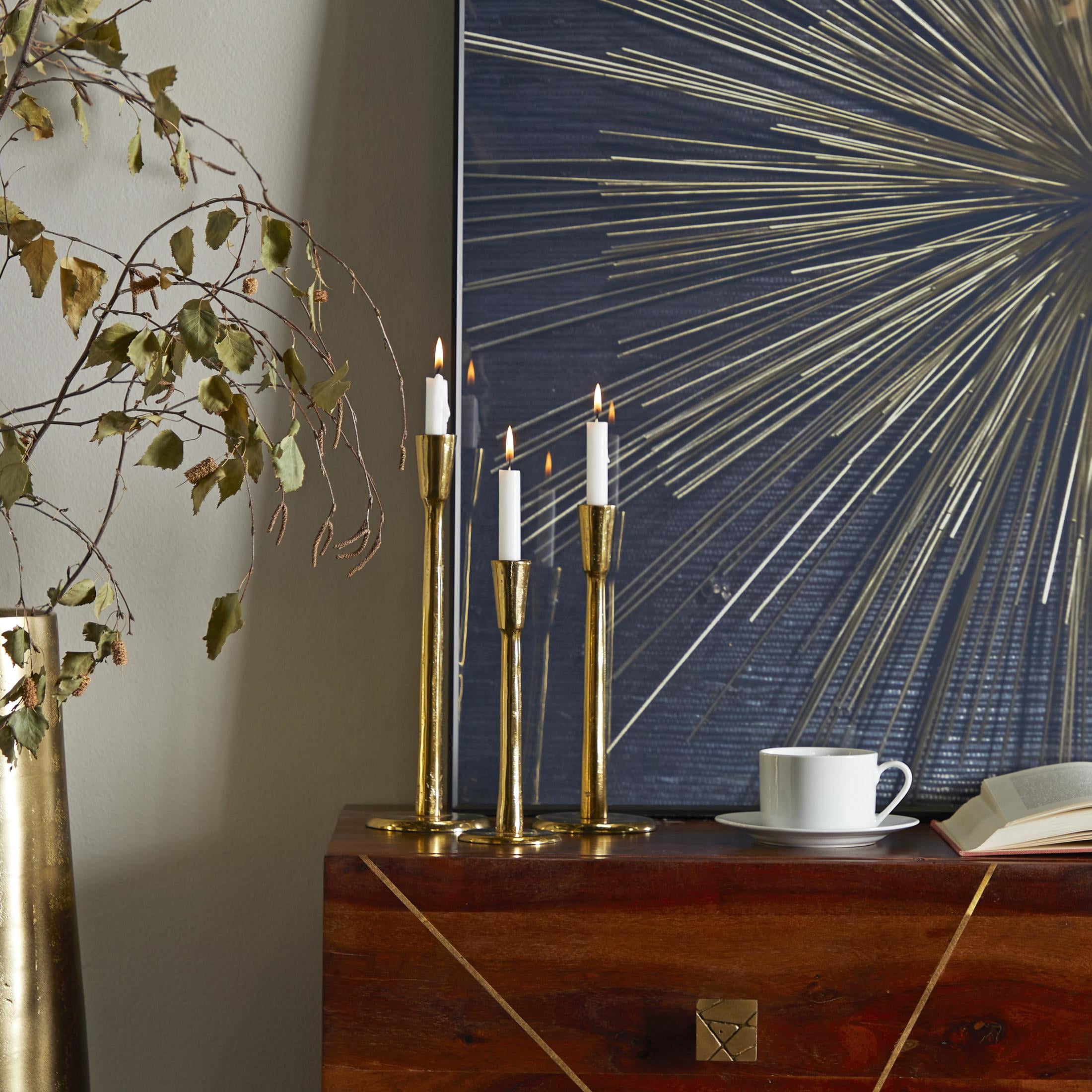 DecMode 3 Candle Gold Aluminum Metal Slim Candle Holder with Round Bases, Set of 3