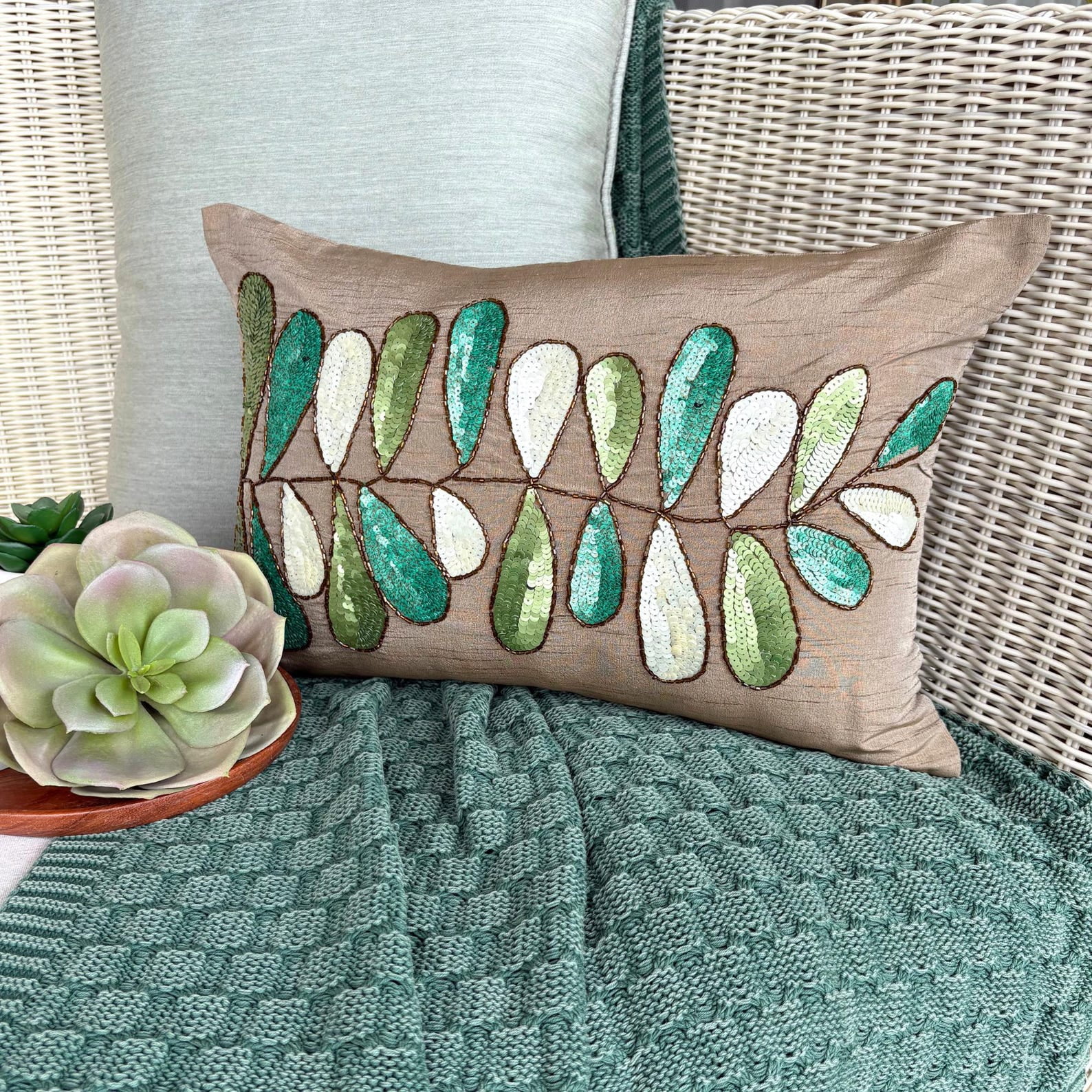Brown Lumbar Pillow Cover, 12x26 inch (30x65 cm) Lumbar Pillow Cover, Sequins Leaves Lumbar Pillow Cover, Silk Lumbar Pillow Cover, Floral Art Deco Lumbar - Days Of Leaves