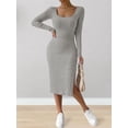 thumbnail image 6 of Women'S Autumn Dress 2 Long Sleeve Square Neck Knit Midi Beach Resort Dress Slit Slim Maxi Dress Grey XL, 6 of 8