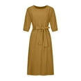 thumbnail image 6 of APEXFWDT Women's 3/4 Sleeve Linen Dress with Belt Summer Casual Crewneck Long Dresses for Women Plus Size Elegant Crewneck A-line Dress for Work Office, 6 of 8