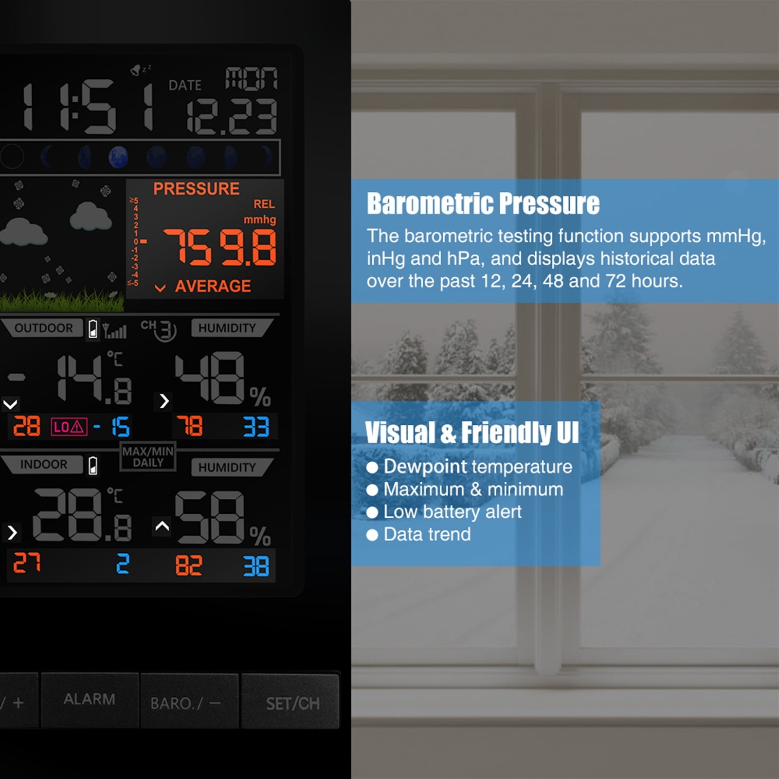 Weather Station Indoor Outdoor Sensor LED Temperature Humidity Forecast Snooze Table Digital Alarm Clock ,Easy to Operate