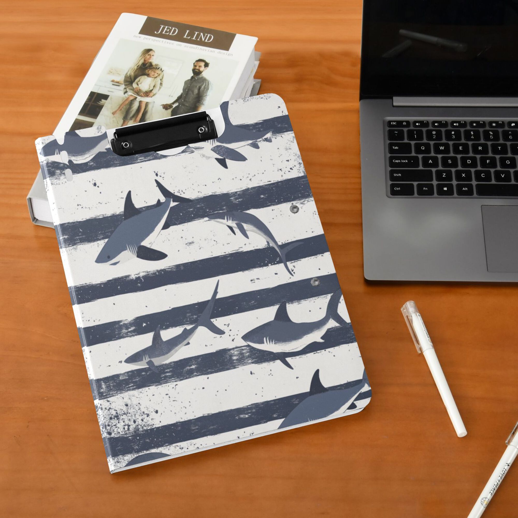 FORMRS A4 Clipboard Folder with Pen Holder Horizontal Foldable School Office Binder, Light Sharks