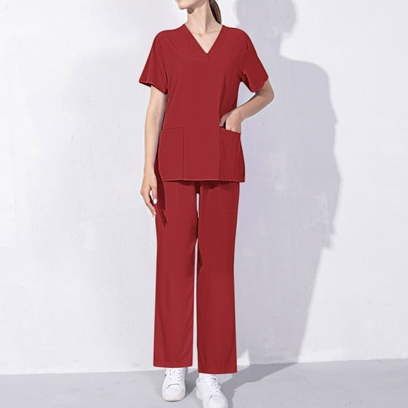 Hanen Basic Scrub Set for Women - Slim V-Neck Scrub Top & Multi Pocket Skinny Cargo Scrub Pants