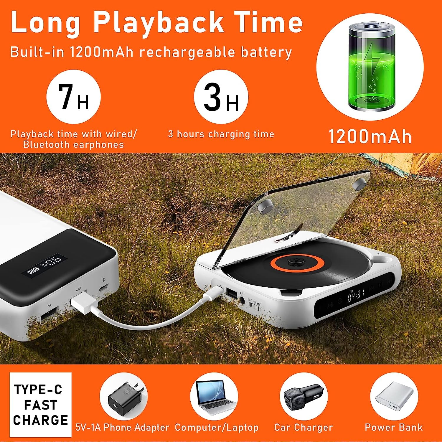 Prociv Portable CD Player, Personal CD Players with Bluetooth for Car & Travel, Rechargeable Small CD Player with Headphones, LCD Touch Screen & Anti-Skip/Shockproof White
