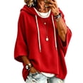 thumbnail image 2 of Womens Hoodies Fashion Baggy Sweaters Loose 3/4 Length Sleeve Drawstring Sweatshirt Fall Winter Waffle Knit Tops Red L, 2 of 7