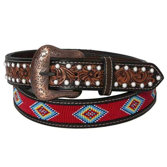 BE BAR H EQUINE Red Beaded White Crystal Floral Hand Carved Western Men And Women Belt Brown