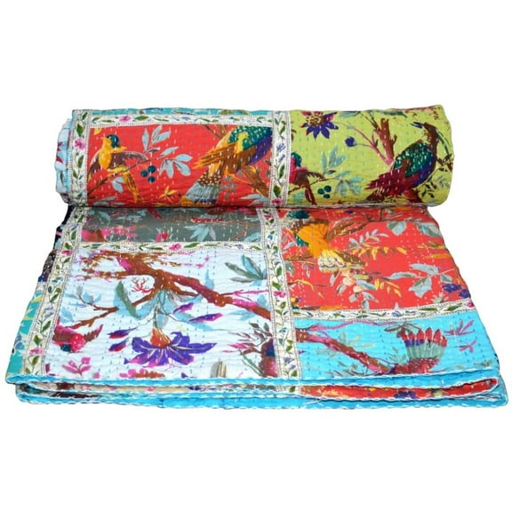 Indian Handmade Bird Print Patchwork Double Cotton Kantha Quilt Throw Blanket Vintage Gudari