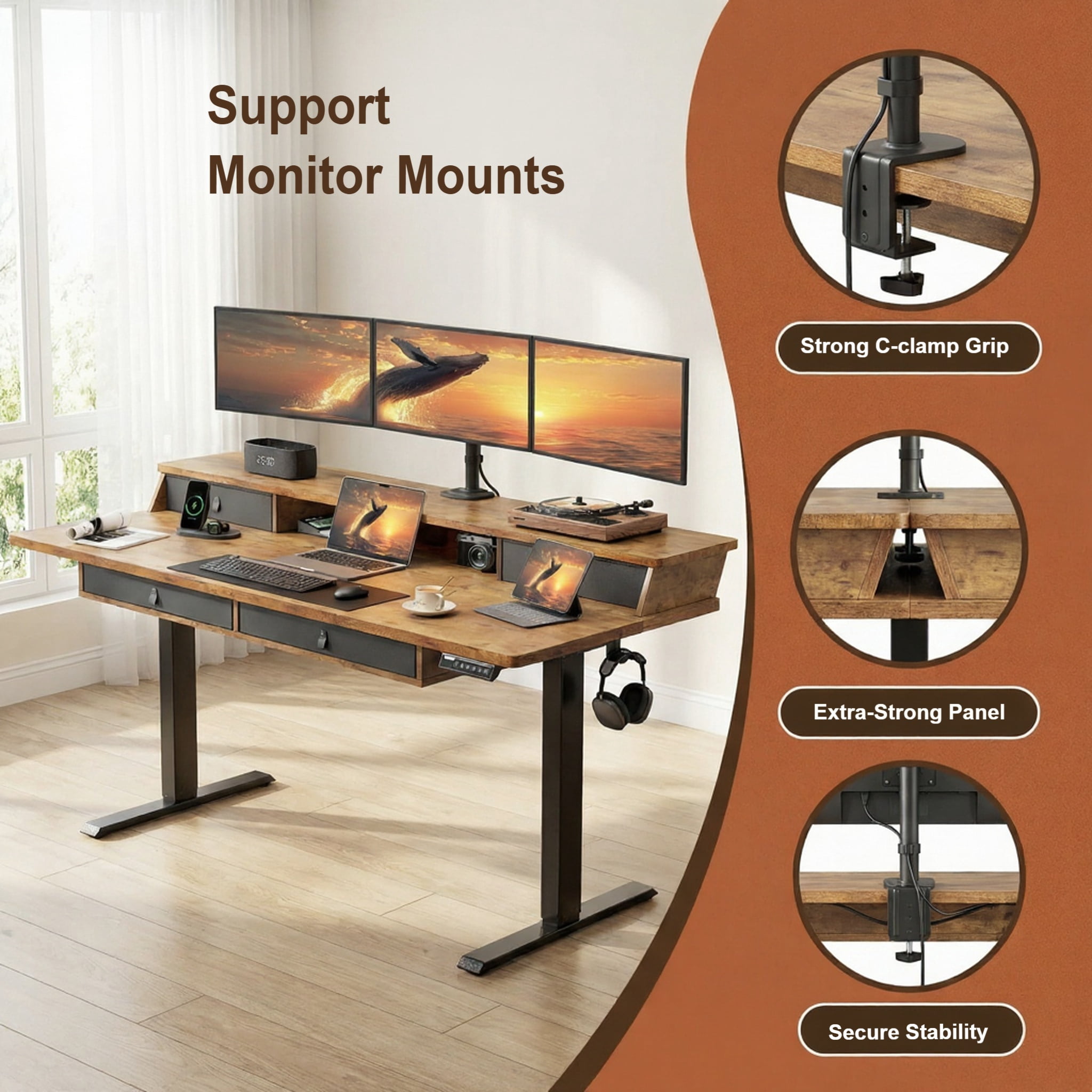 CHITOOMA 55″ x 30″ Standing Desk with Drawers, Electric Height Adjustable Sit Stand Desk with Storage Shelf, 4 Memory Preset Computer Desk with Cable Management Tray for Home Office, Brown