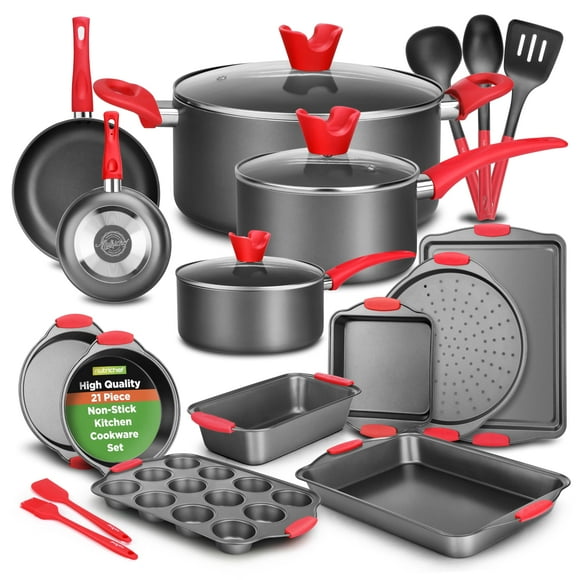 NutriChef Juego de utensilios de cocina antiadherentes de 21 piezas - Incluye cacerolas, sartenes, moldes para hornear redondos y cuadrados, moldes para pan y muffins, cajón para verduras para pizza,