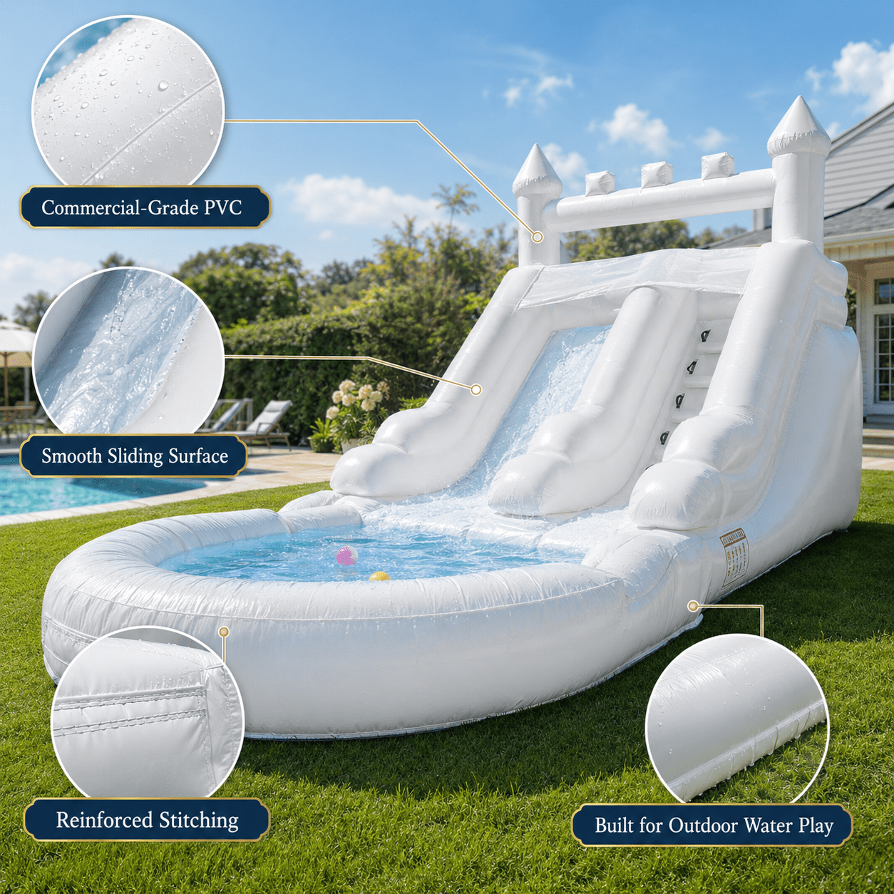 Connsann 13' x 21' Commercial-Grade White PVC Inflatable Water Slide with Splash Pool & 750W Air Blower for Backyard Parties/Rental
