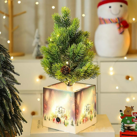 Pre-lit 14.2" Small Christmas Tree, Artificial Mini Christmas Tree with Light-Up Pot, Battery Powered Tabletop Xmas Tree Night Light for Table Desk Home Christmas Decor