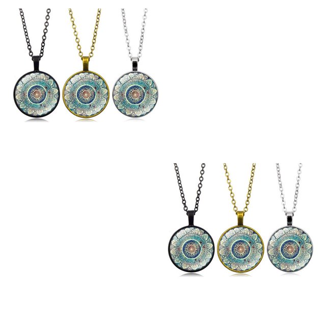 Justharion Alloy Wide Application Pendant Necklace Best Gift For Any Occasion Glass Mandala Dome Necklace Gown silver 2Set