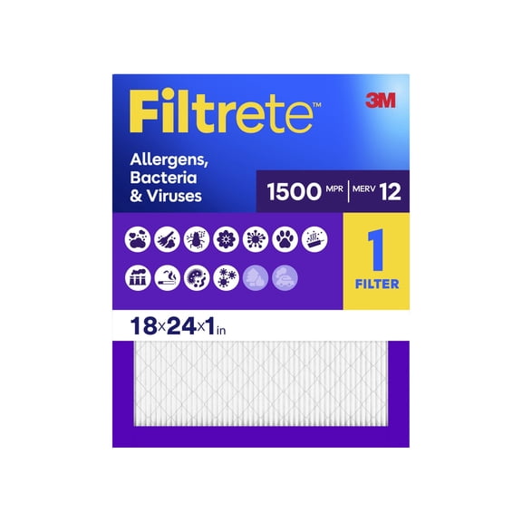 Filtrete 18x24x1 HVAC Furnace Air Filter, MPR 1500 MERV 12, Allergen, Bacteria and Virus, 1 Filter