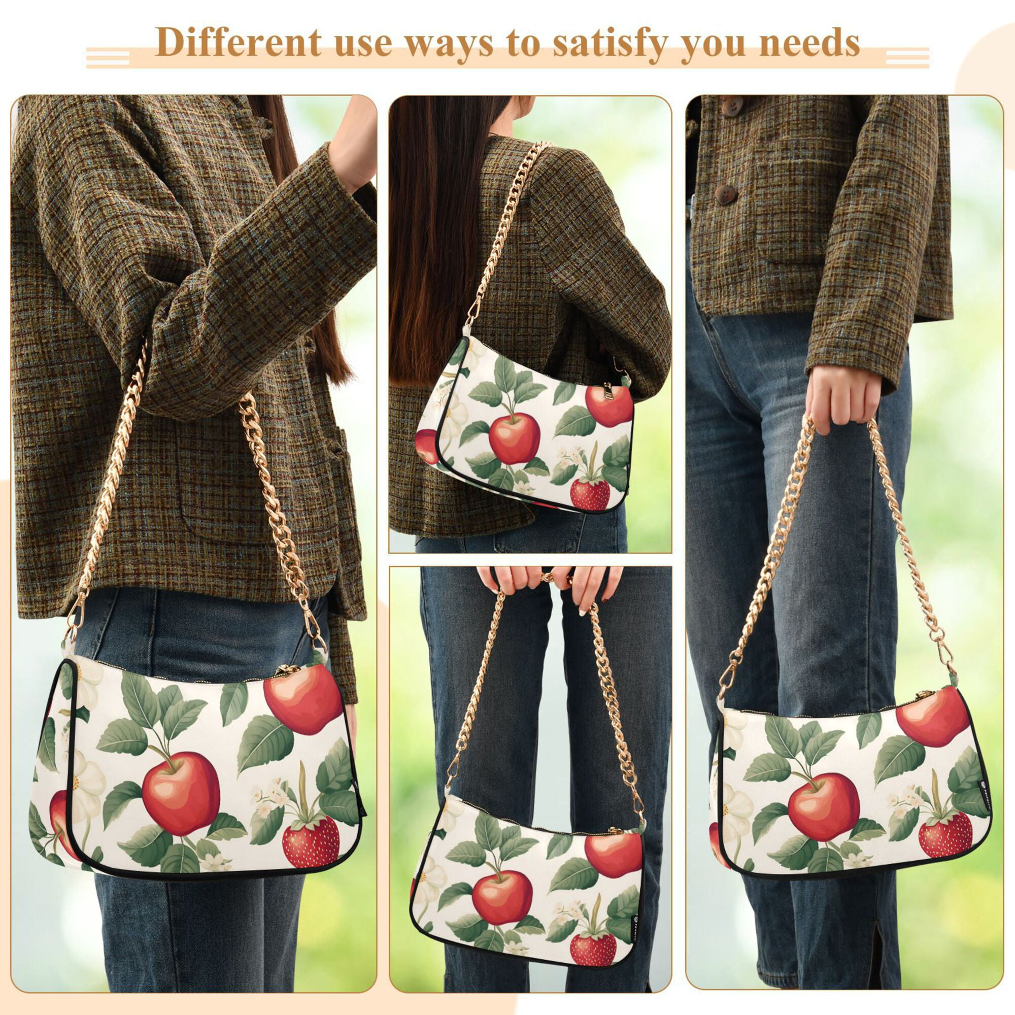 FORMRS Womens Shoulder Bag with Chain Strap Clutch Purse Cute Tote Handbag, Apples Flower Pattern