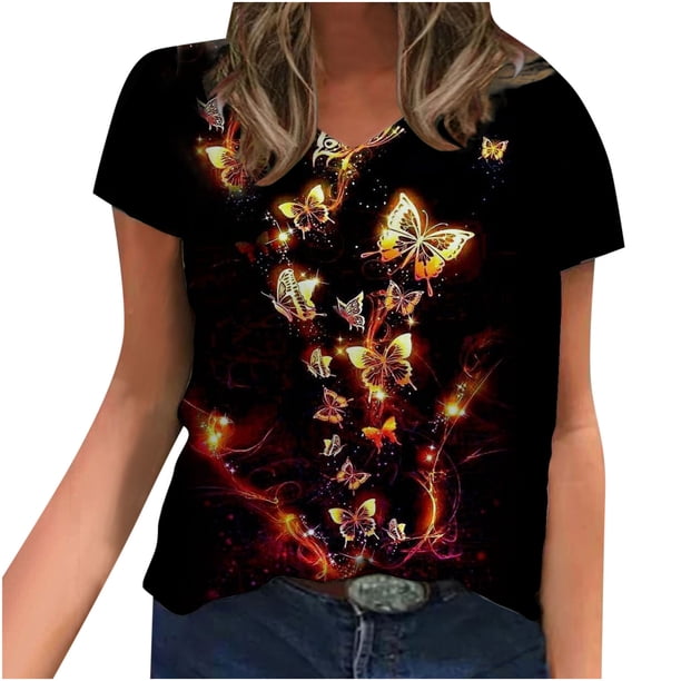 Blusa de camiseta informal con estampado de manga corta y cuello en V de verano para mujer a la moda Fridja bn5809