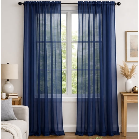 Navy Blue Sheer Window Rod Pocket Curtain Set - 90" Inches Long (2 Panels)