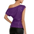 thumbnail image 3 of Purple Western Outfit for Women, Short Sleeve Womens Spring Tops 2024, Carnival Nylon Tshirts Shirts for Women, Women's One Shoulder Sequin Glitter Top Pleated Asymmetric Slim Fit Party Shirt, 3 of 9
