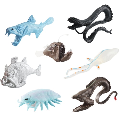Liwen Set of 7 Sea Animal Models: Simulated Gulper Eel, Anglerfish, Squid, Hatchet Fish - Early Learning Educational Toy - Ocean Animal Figurines for