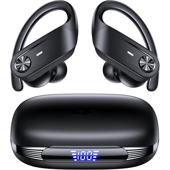 Bluetooth 5.4 Headphones Wireless Earbuds 80Hrs Playtime IPX7 Waterproof Digital Display Sport Ear Buds with Earhook Mic in-Ear Earphones Stereo Sound Earbud for Workout Running Exercise Gym